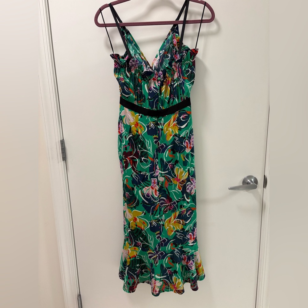 Saloni Jennie Ruffle Silk Dress Emerald Kingcup Size 2 - Picture 4 of 15